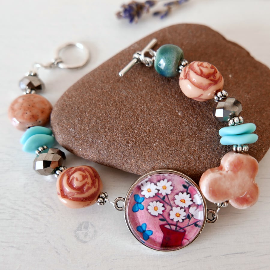 Pink Bracelet with Daisy Art Pendant and Ceramic Beads
