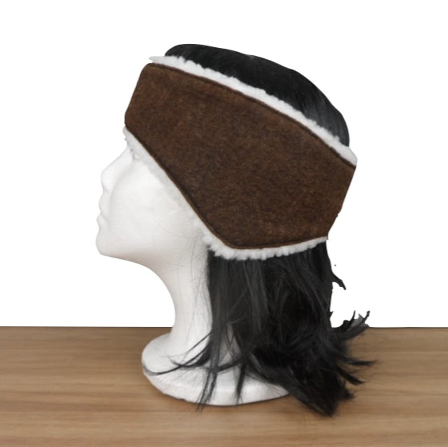 Brown felted ear muff, headband, ear warmer with sherpa fleece