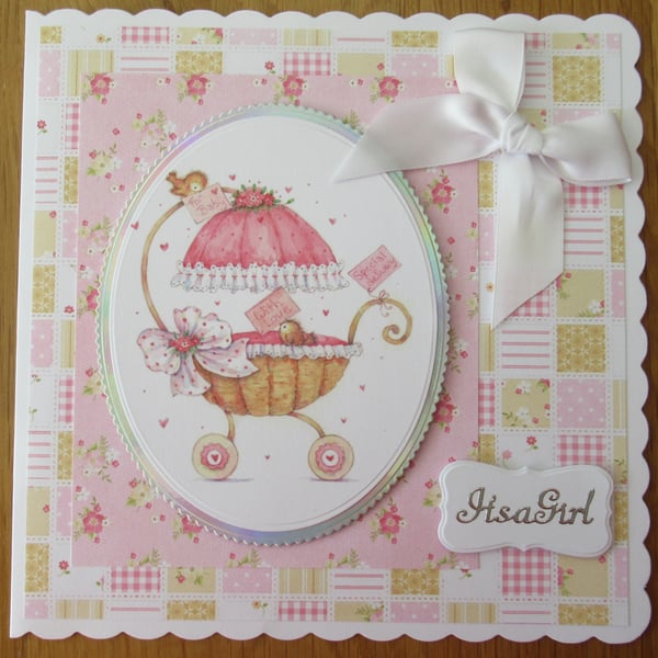 Pram With Parasol - 8x8 New Baby Girl Card