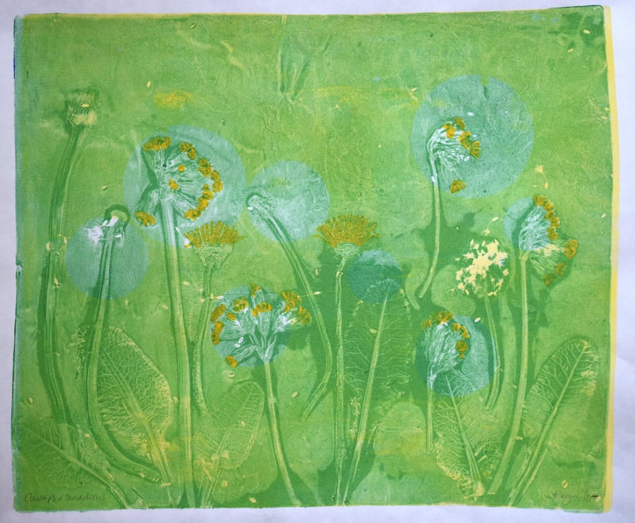 Cowslips and dandelions II - an original artwork printed by hand