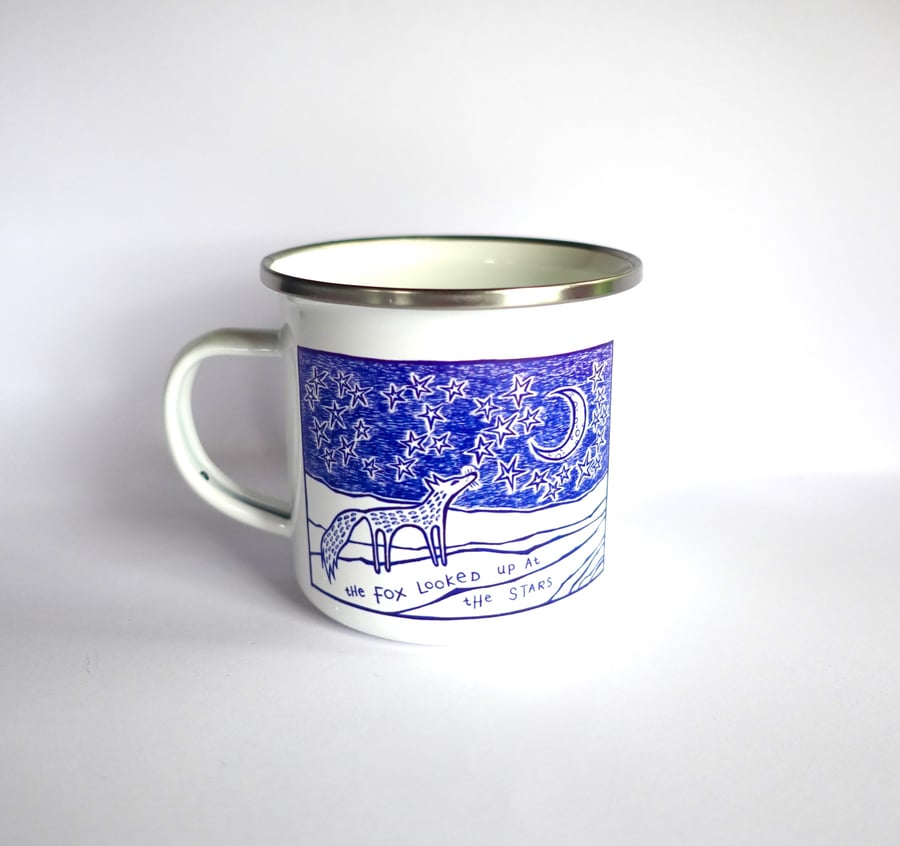 Blue Fox Enamel Mug - Cute Whimsical Nature Inspired Joy Gift - Travel Camping