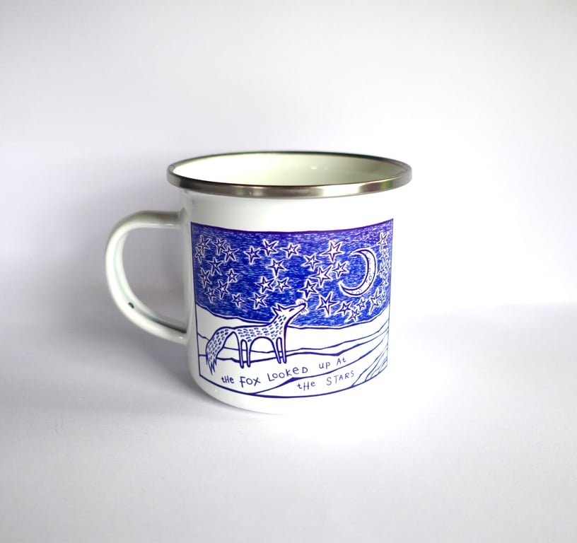 Blue Fox Enamel Mug - Cute Whimsical Nature Inspired Joy Gift - Travel Camping