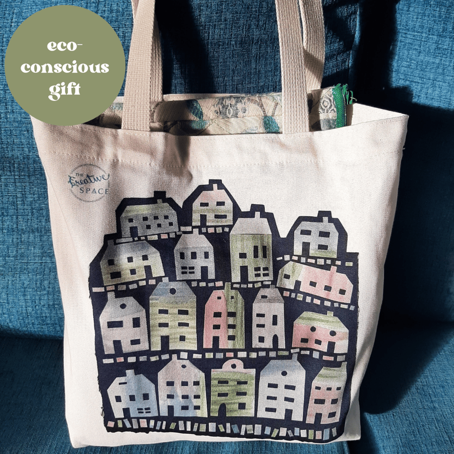 Tote Bags Organic Cotton Pastel Houses Design