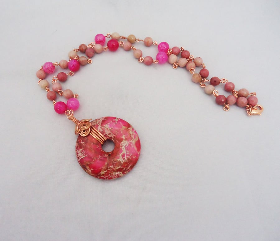 Wire Wrapped Jasper Pendant, Rhodonite and Agate Necklace, Pink Necklace