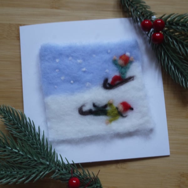 Handmade needle felted Sledging christmas greetings card