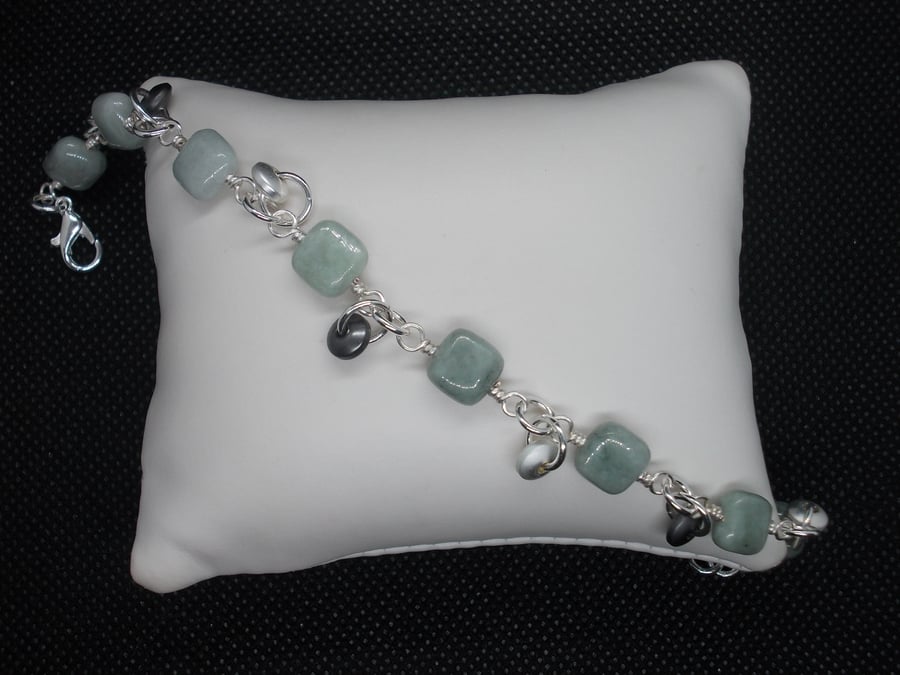 SALE - Jadeite square linked bracelet with haematite charms