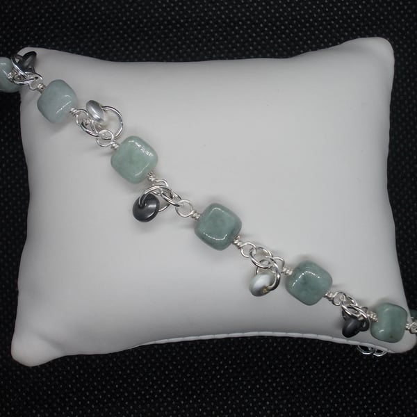 Jadeite square linked bracelet with haematite charms