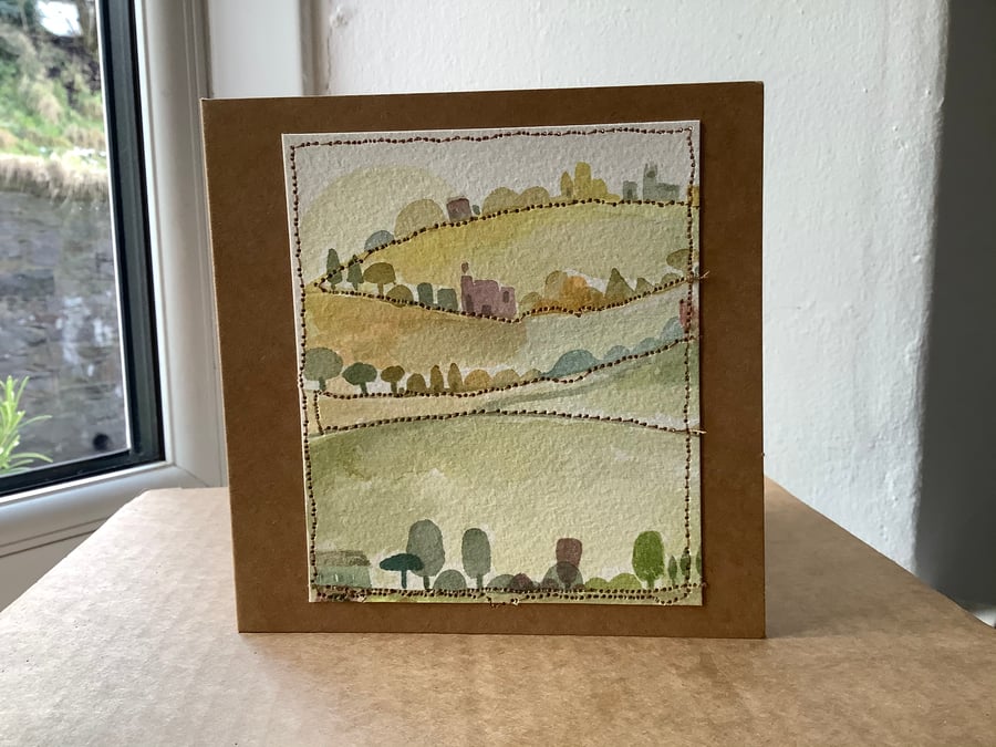 Original hand made watercolour card with a miniature landscape.Blank.
