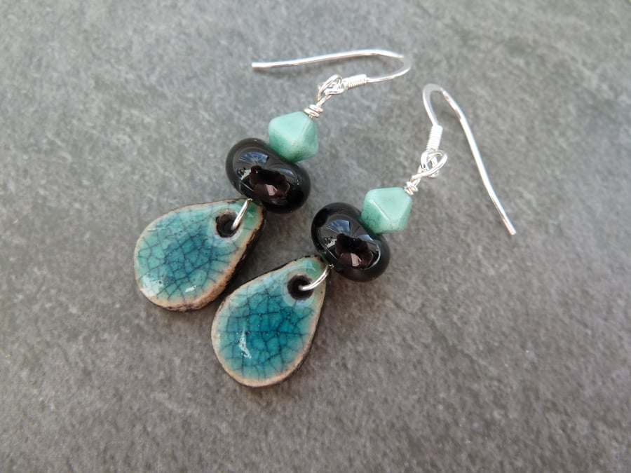 sterling silver earrings, black and turquoise
