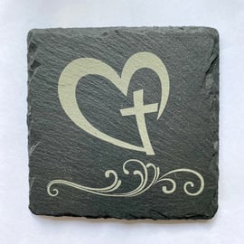 Square Slate Coaster - Heart and Cross