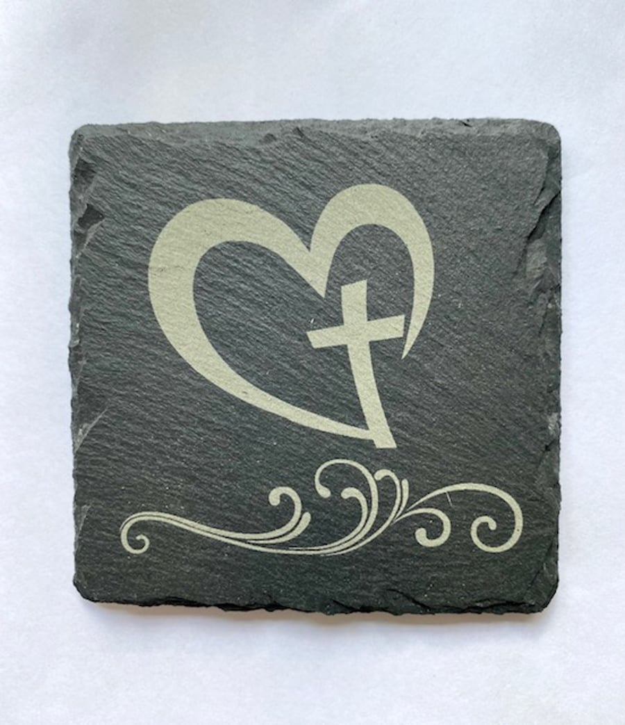 Square Slate Coaster - Heart and Cross