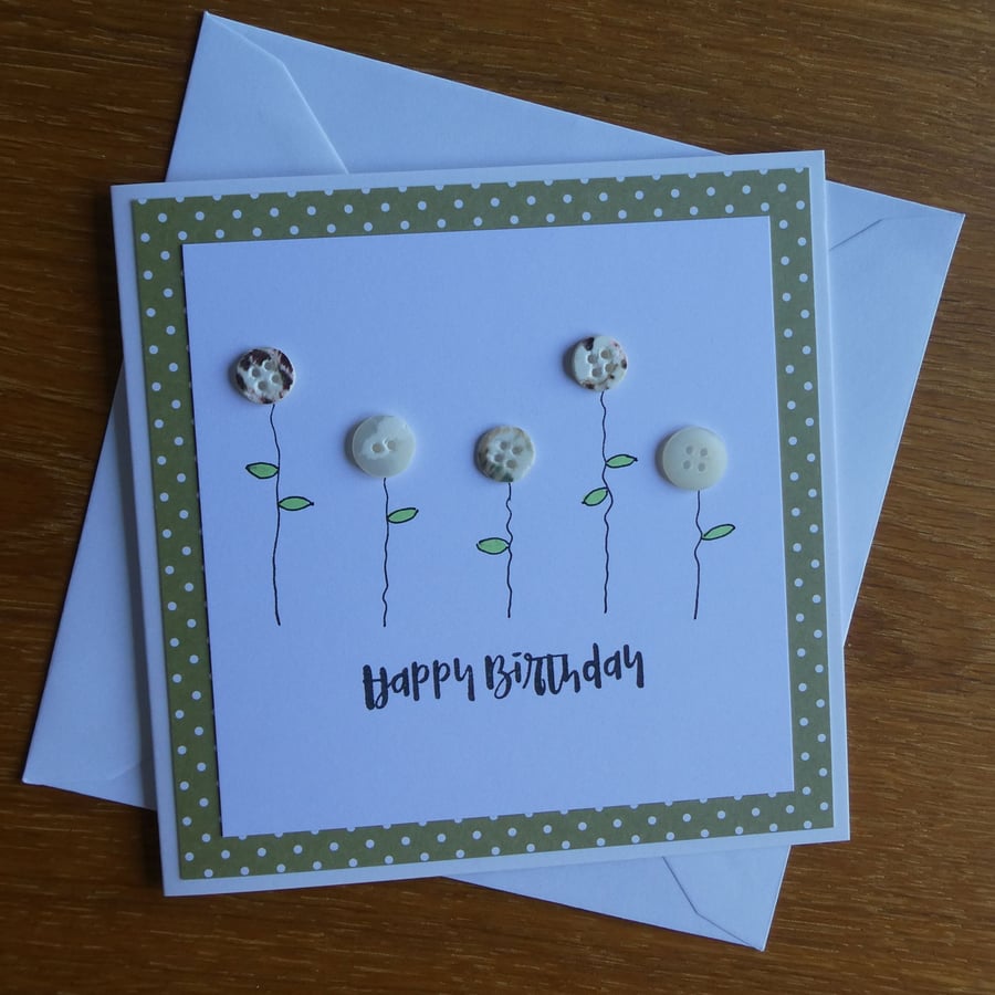 Birthday Card - Button Flowers - Green