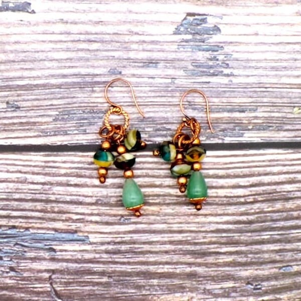 Copper Czech Glass And Green Aventurine Dangle Earrings- Copper Earwires