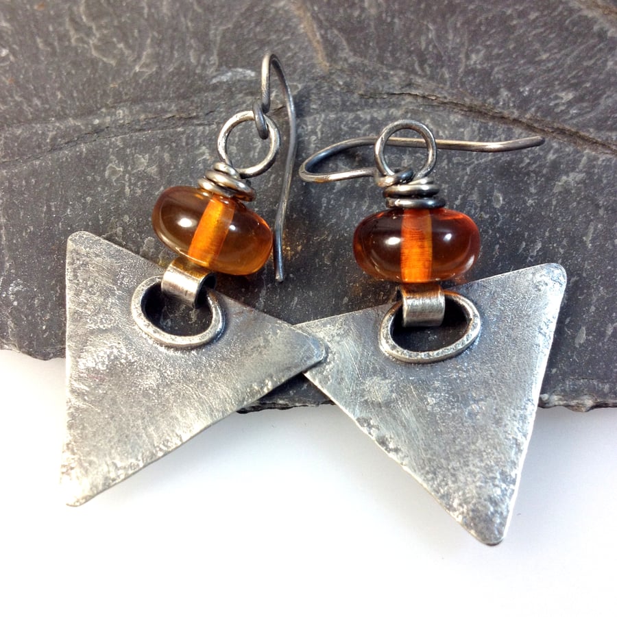 Oxidised silver and amber triangular earrings