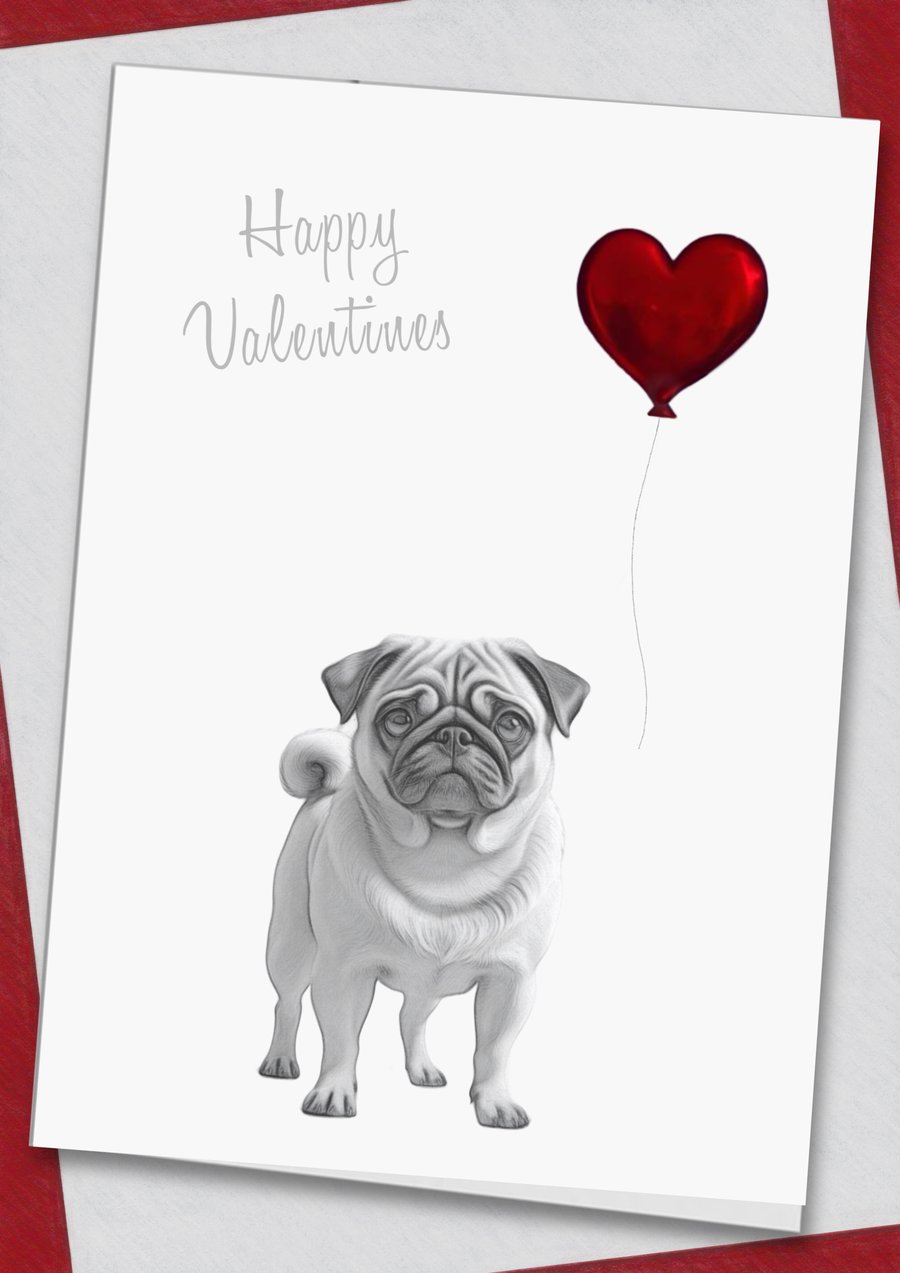 Love Hearts Dogs Pug Valentines Card