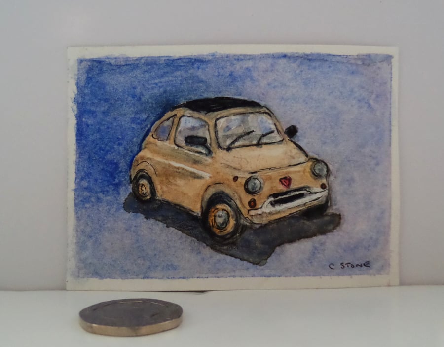 ACEO original miniature watercolour painting classic Fiat 500 Cinquecento car