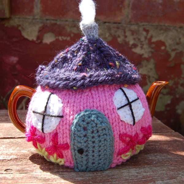 Knitted tea cosy - Fairy cottage design  to fit a one two cup teapot