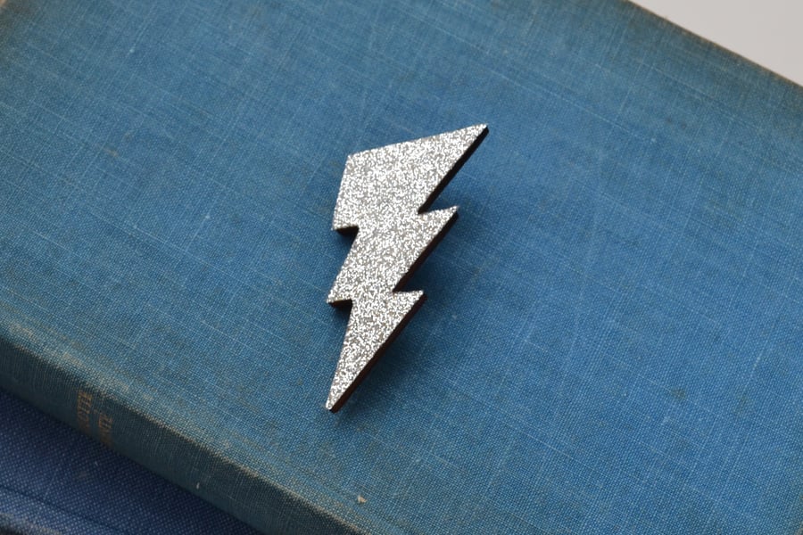 Silver Glitter Lightning Bolt Brooch