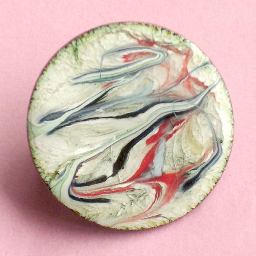enamel brooch - Round white brooch scrolled red and blue