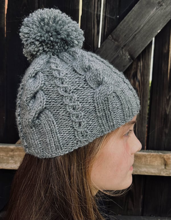 Childs Hand Knitted Hat in Grey - Fits Age 8 - 11 years