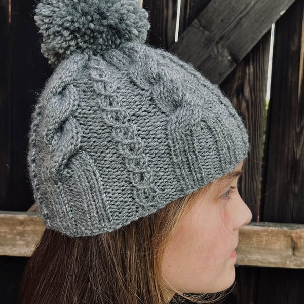Childs Hand Knitted Hat in Grey - Fits Age 8 - 11 years
