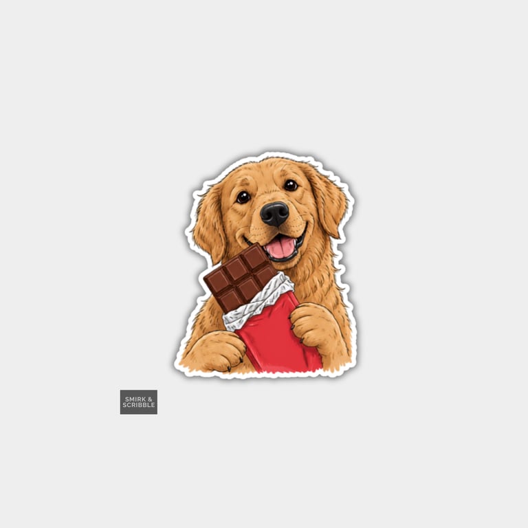 Funny Novelty Vinyl Sticker - Cute Posing Dog With Chocolate