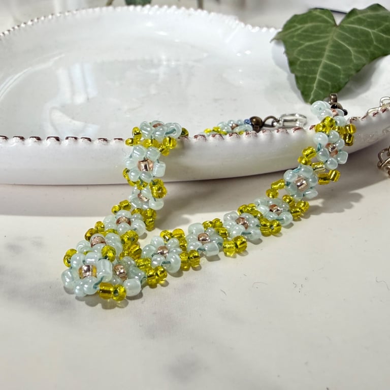 Seed bead bracelet, daisy chain bracelet, bracelet with extender chain. 