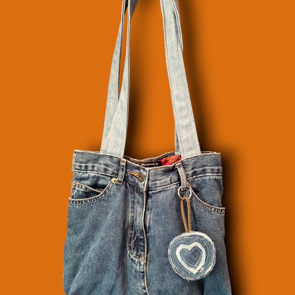 Upcycled Denim Tote Bag with Colourful Batik Lining & Heart Keyring