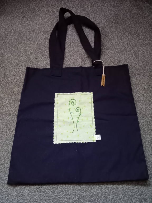 Fern plant embroidery tote bag up-cycled navy and and green