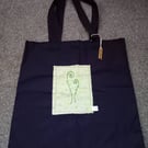 Fern plant embroidery tote bag up-cycled navy and and green