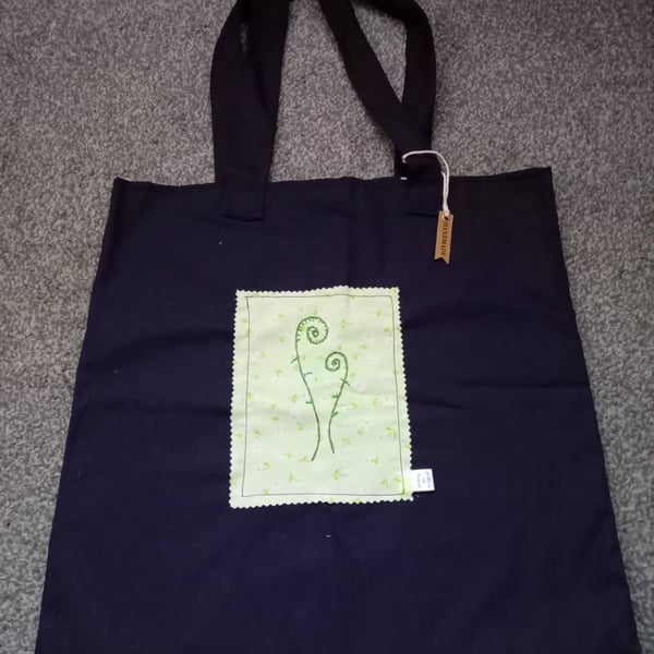 Fern plant embroidery tote bag up-cycled navy and and green