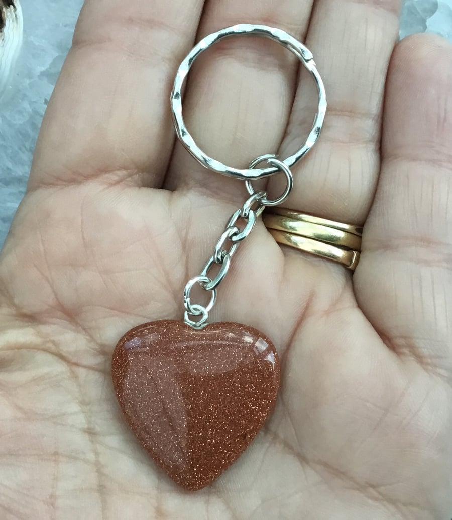 SALE!  Pretty Little Goldstone Puffed Heart Gemstone Keyring or Handbag Charm.
