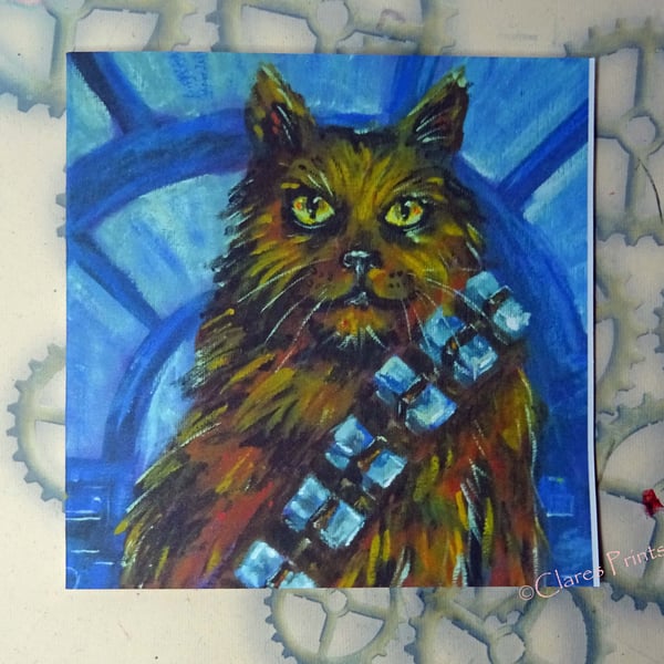 Chewbacca Cat Art Greeting Card From Original Painting Star Wars