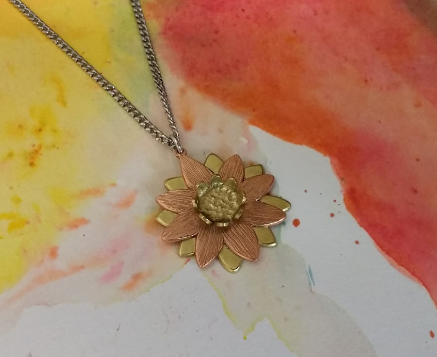 Double Daisy Flower Pendant, Copper & Brass on a Curb Chain