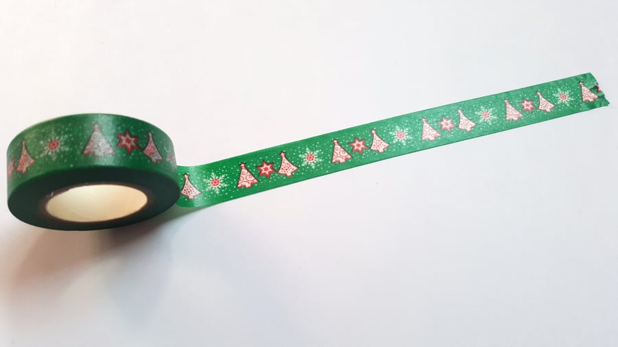 1 x 10m Roll Adhesive Craft Washi Tape - 15mm - Christmas Trees & Snowflakes