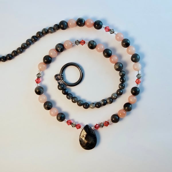 Larvikite And Pink Opal Necklace With Teardrop Pendant - Handmade In Devon