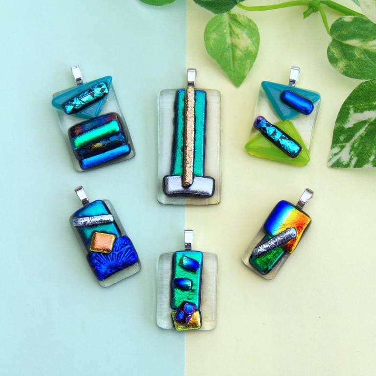 Unique Tack Fused Green Dichroic Fused Glass Pendant Necklace