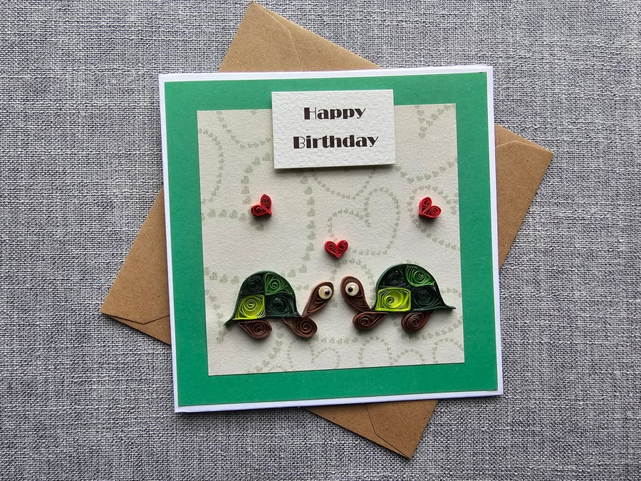 Little Quilled Tortoises Birthday Card Size 13.5cm x 13.5cm
