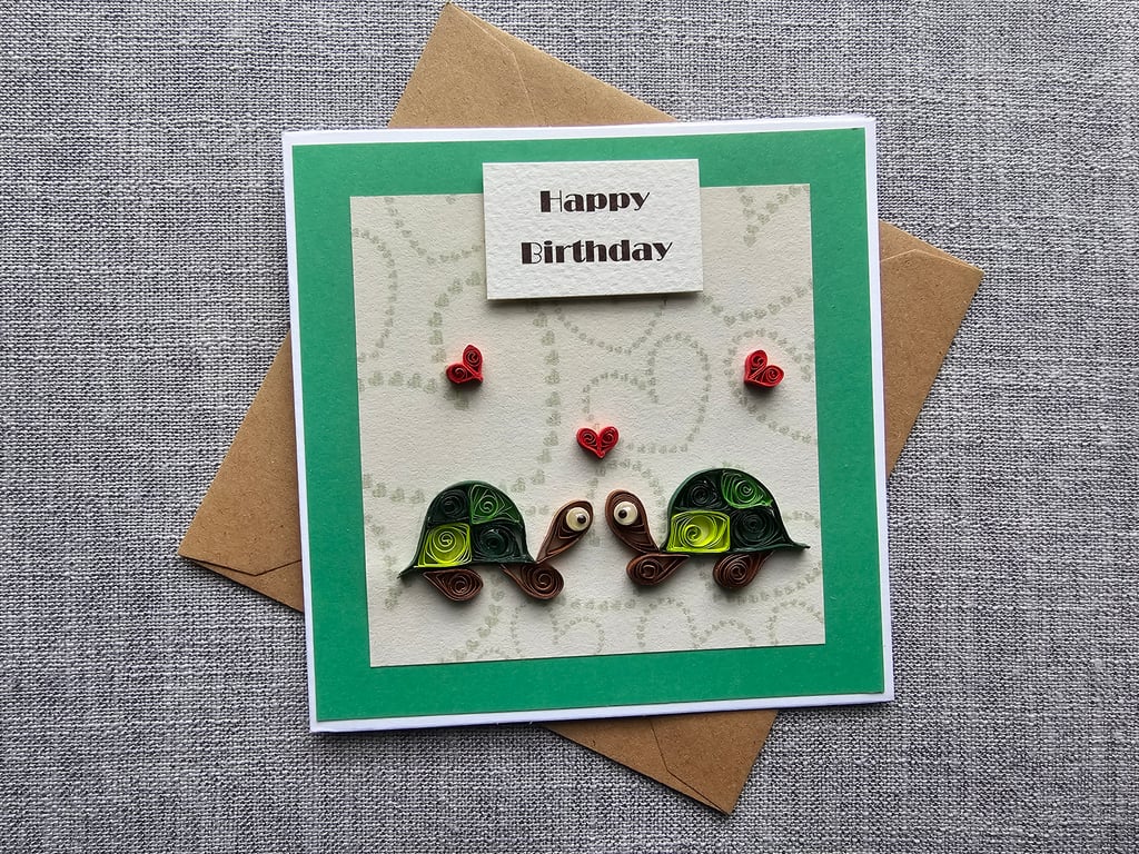 Little Quilled Tortoises Birthday Card Size 13.5cm x 13.5cm