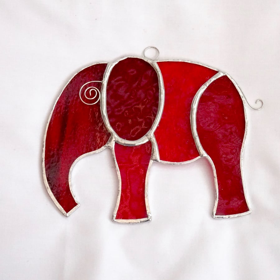 Stained Glass Large Elephant Suncatcher - Handmade Hanging Decoration - Red 