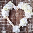 HEART WREATH, LARGE, WHITE FABRIC FLORAL, ROMANTIC, VALENTINE DECOR