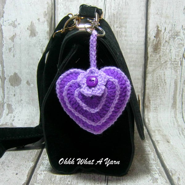 Purple crochet hanging heart decoration, scissor minder, bag charm with lavender