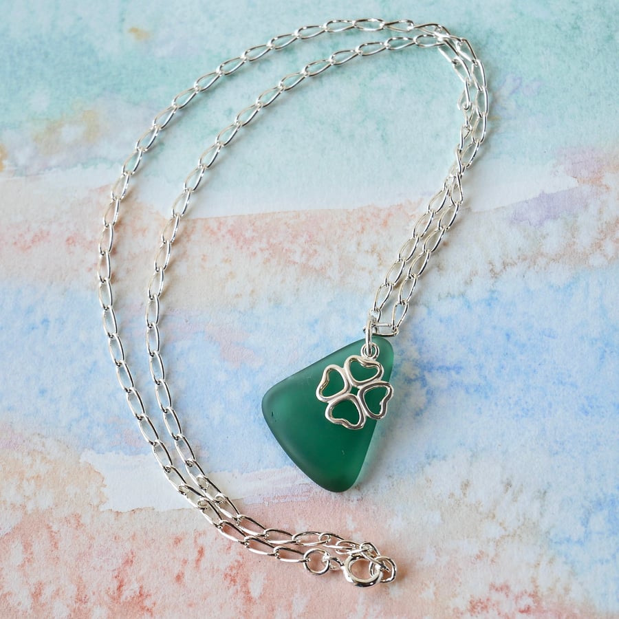Green Seaglass Nugget with a Sterling Silver Chain and Clover Charm