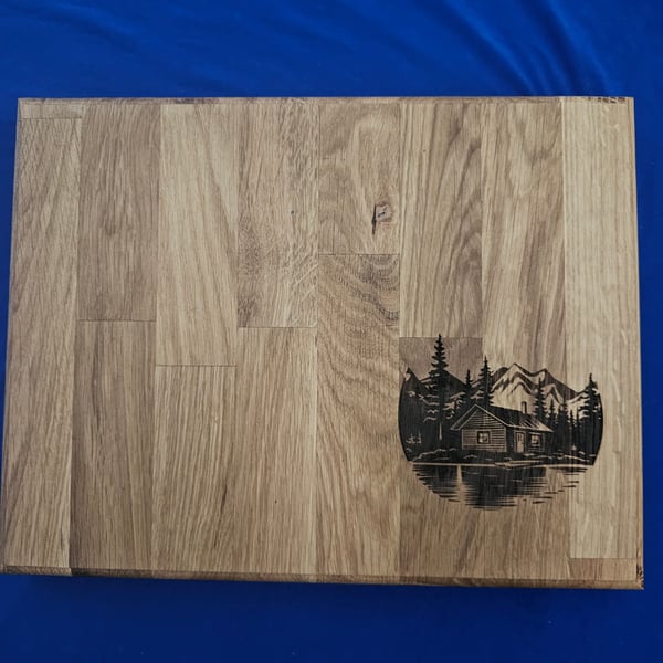 Solid oak chopping board laser engraved lake house.