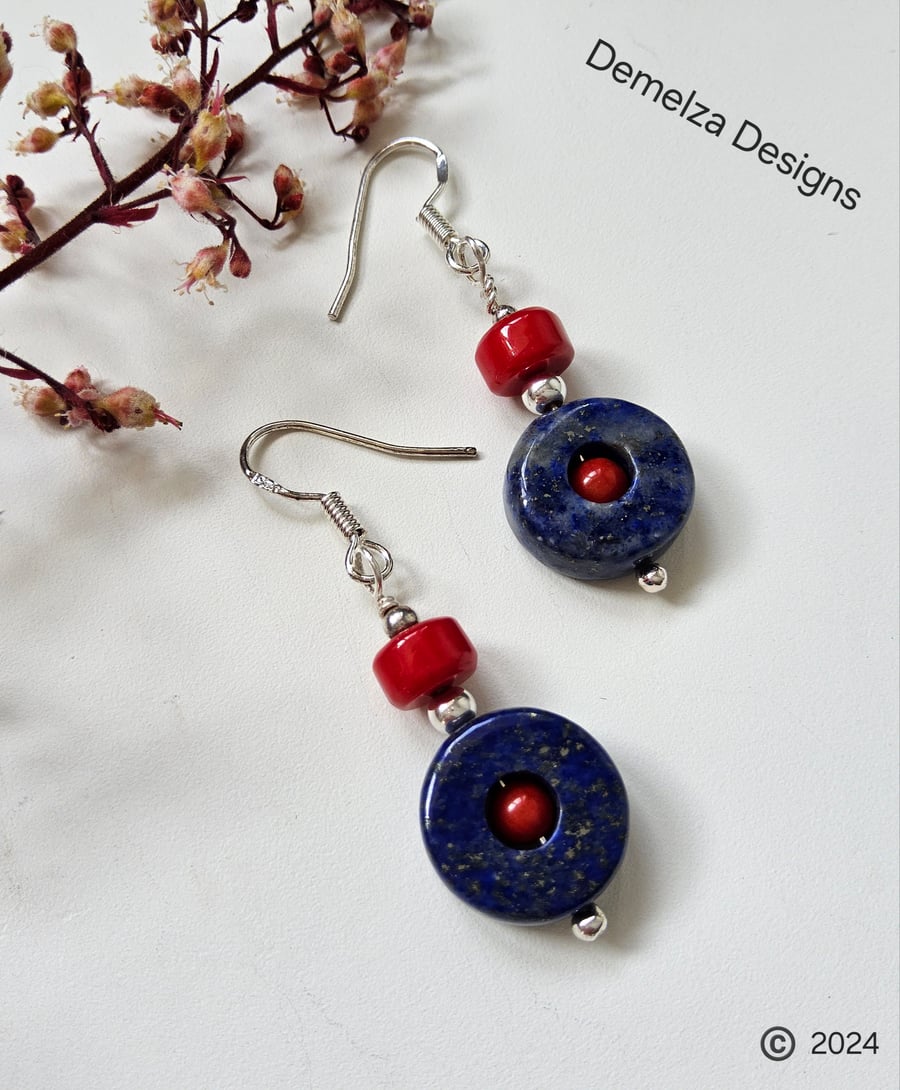 Designer Lapis Lazuli & Red Bamboo Coral Sterling Silver Earrings