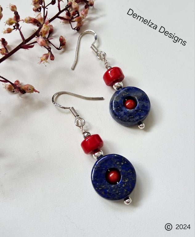 Designer Lapis Lazuli & Red Bamboo Coral Sterling Silver Earrings
