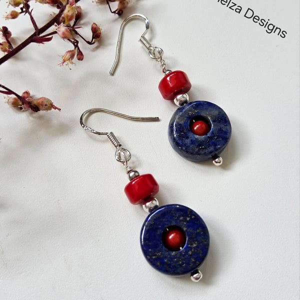 Lapis Lazuli & Red Bamboo Coral Sterling Silver Earrings