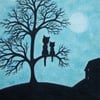 Cat Tree Card, Black Cats Moon Art Card, Mother Daughter Card, Kitten Silhouette