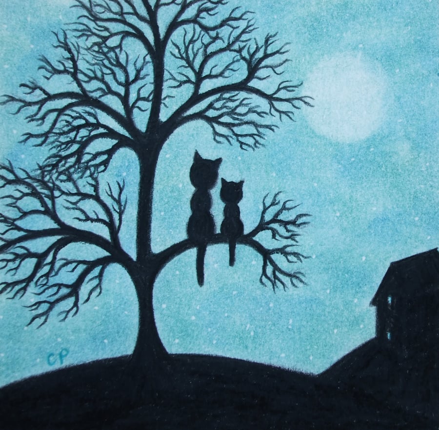 Cat Tree Card, Black Cats Moon Art Card, Mother Daughter Card, Kitten Silhouette
