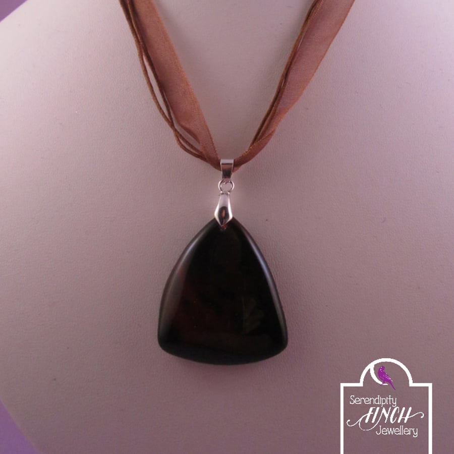 Brown Agate Pendant Necklace, Brown Ribbon Necklace, Brown Agate Necklace